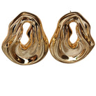 Gold plated abstract oval earrings with large sculptural asymmetric design and polished finish, 61mm by 51mm