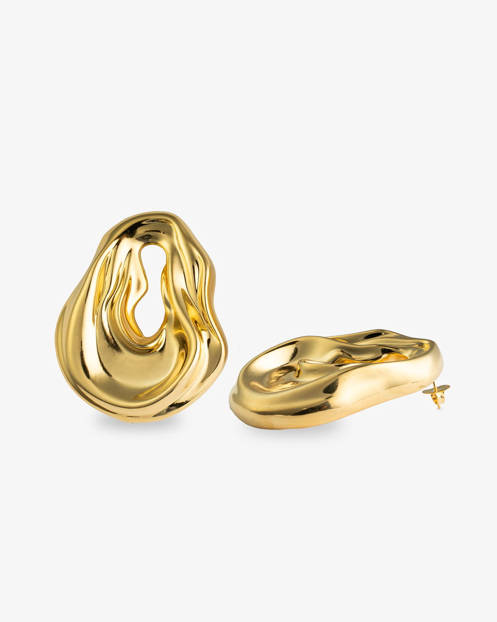 Organic gold statement earrings angled side view with post back