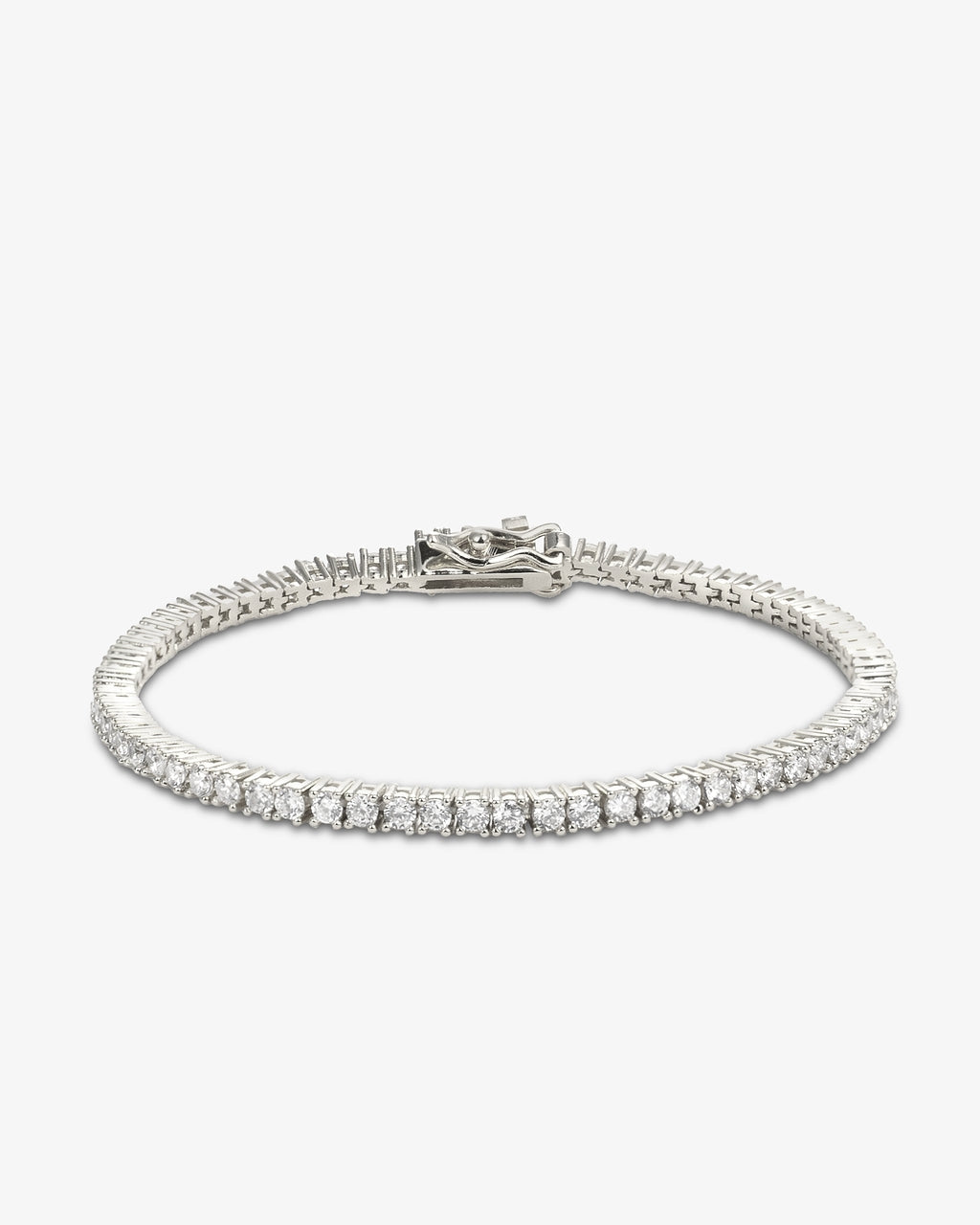 2mm silver tennis bracelet with round-cut clear stones and secure clasp