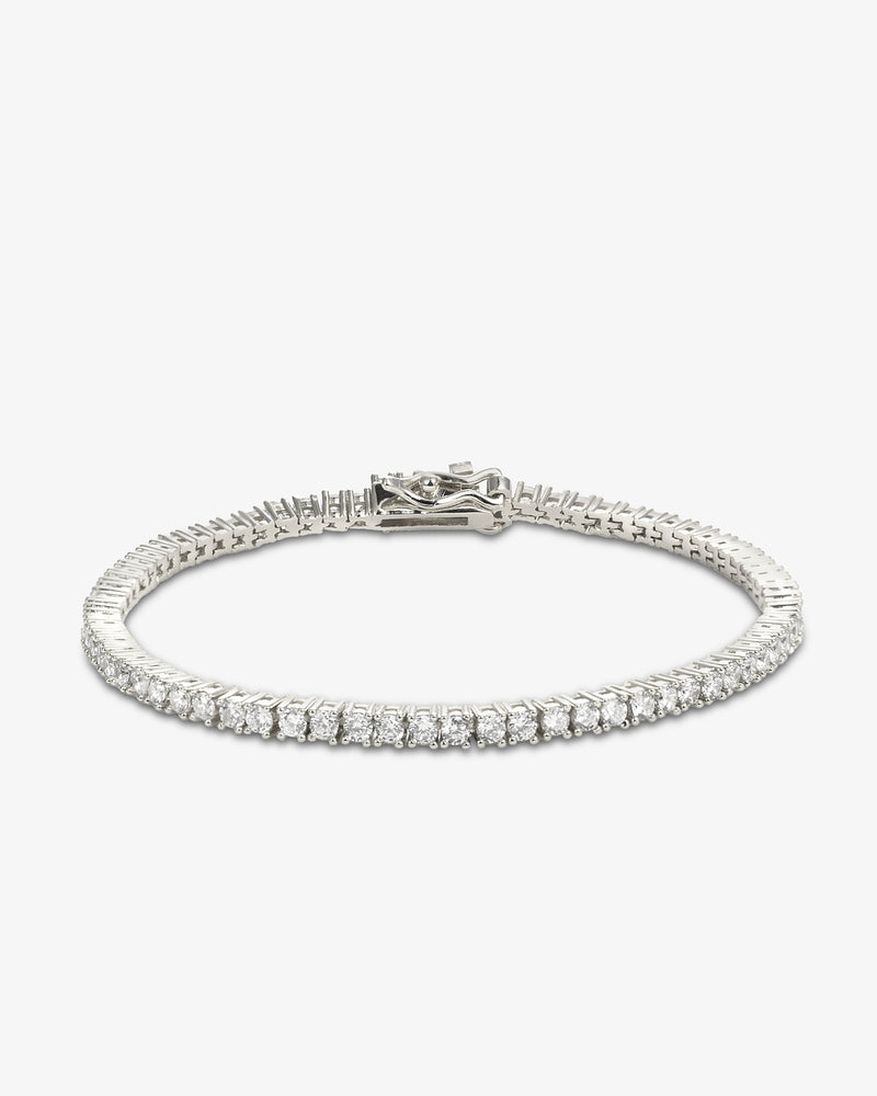 2mm silver tennis bracelet with round-cut clear stones and secure clasp