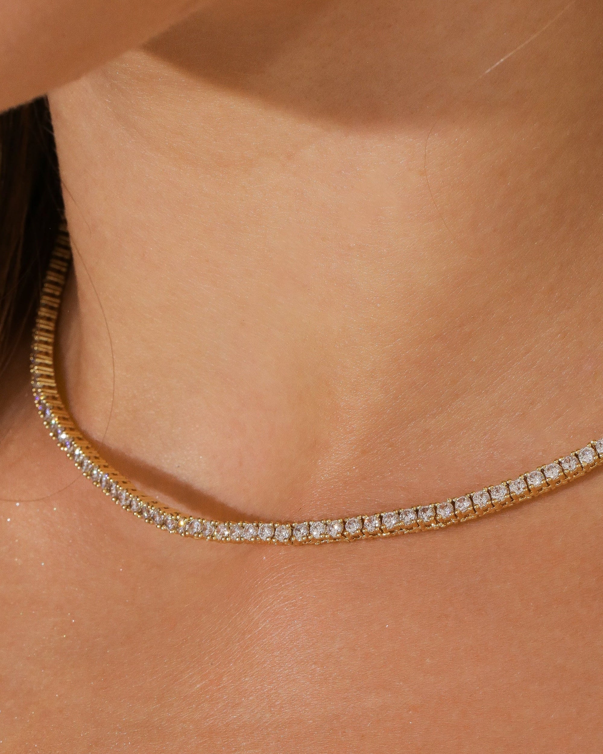 Cynthia 2MM Tennis Necklace — 18K gold-plated statement jewelry, hypoallergenic demi-fine piece by Denise Pacini