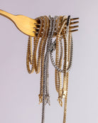 Model wearing Cynthia 2MM Tennis Necklace — 18K gold-plated necklace by Denise Pacini