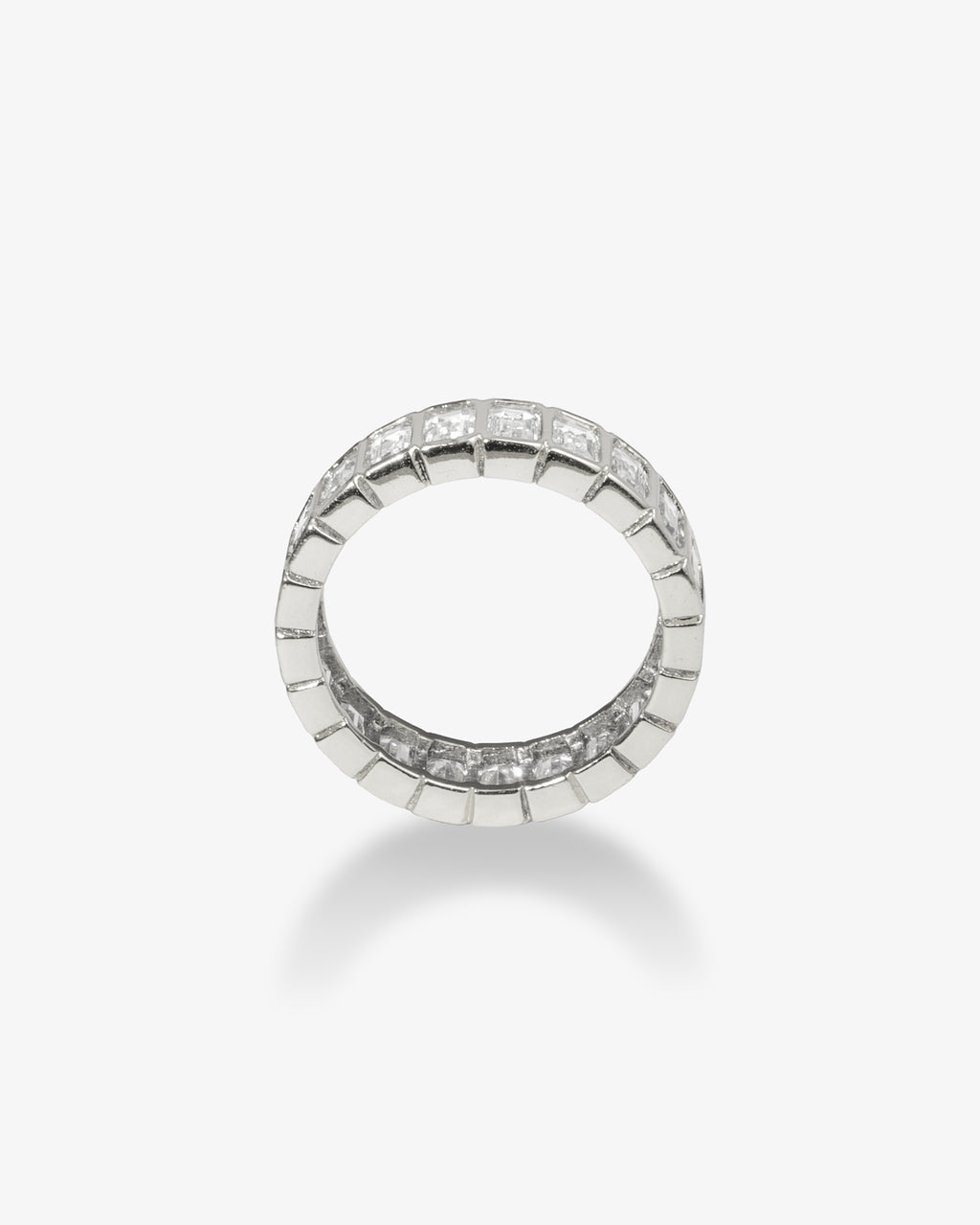 Silver baguette simulated diamond eternity ring, alone close-up detail product shot.