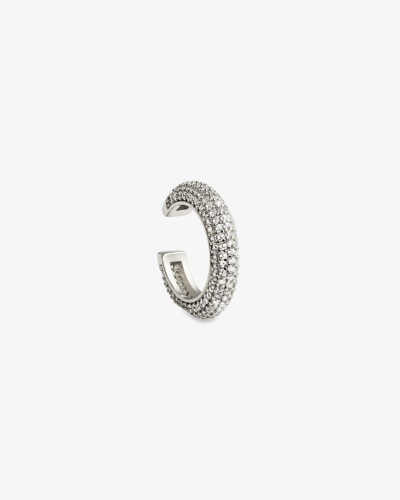 Silver pave simulated diamond ear cuff, alone product shot on a plain background.