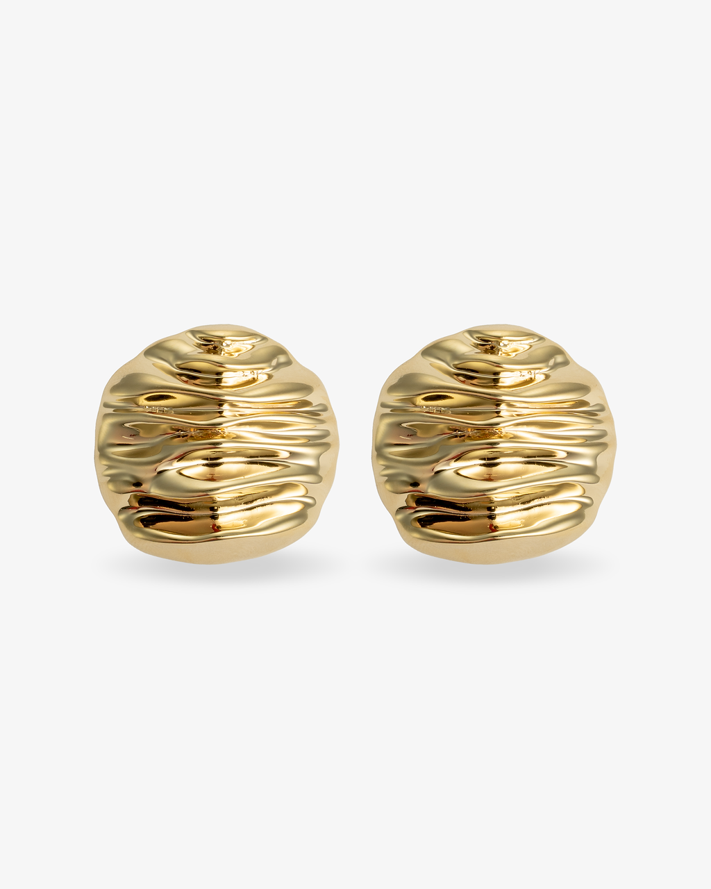 Gold textured domed stud earrings, alone product shot of the pair on a plain background.