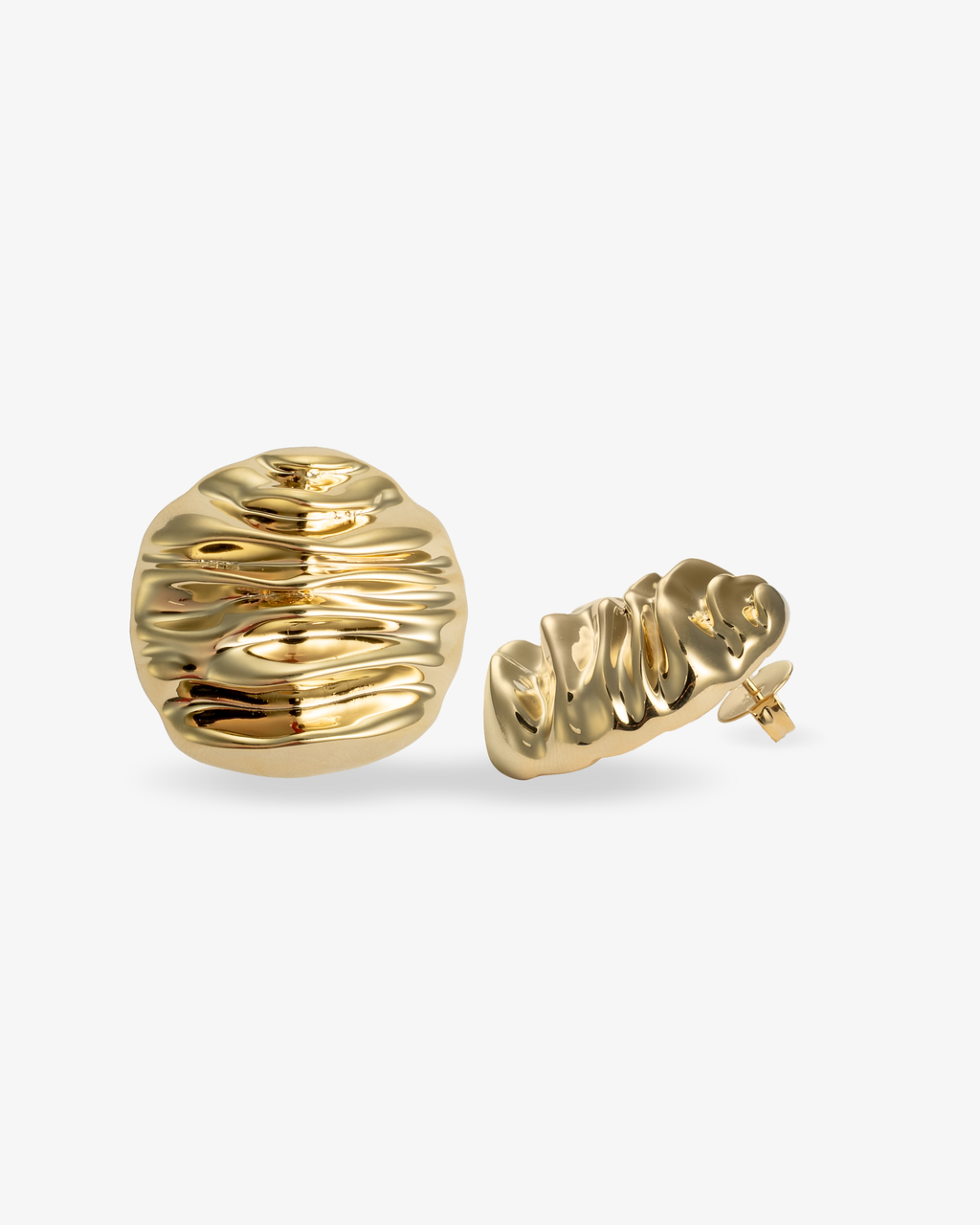 Gold textured domed stud earrings, alone close-up product shot of the pair.