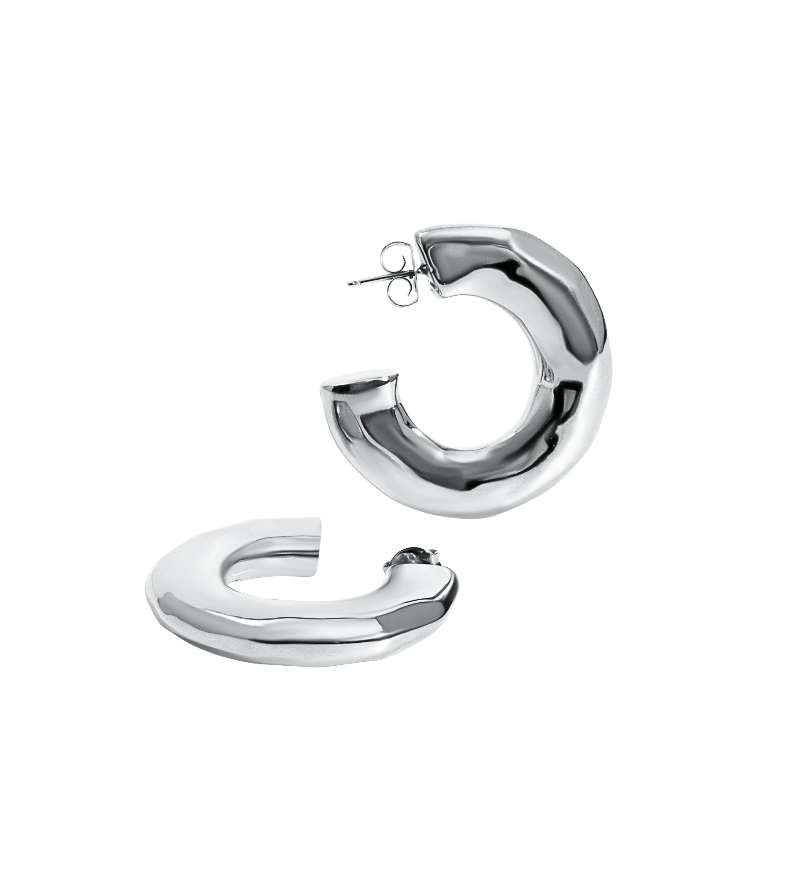 Hammered open hoop earrings available in gold plated and rhodium plated finishes with sculptural texture