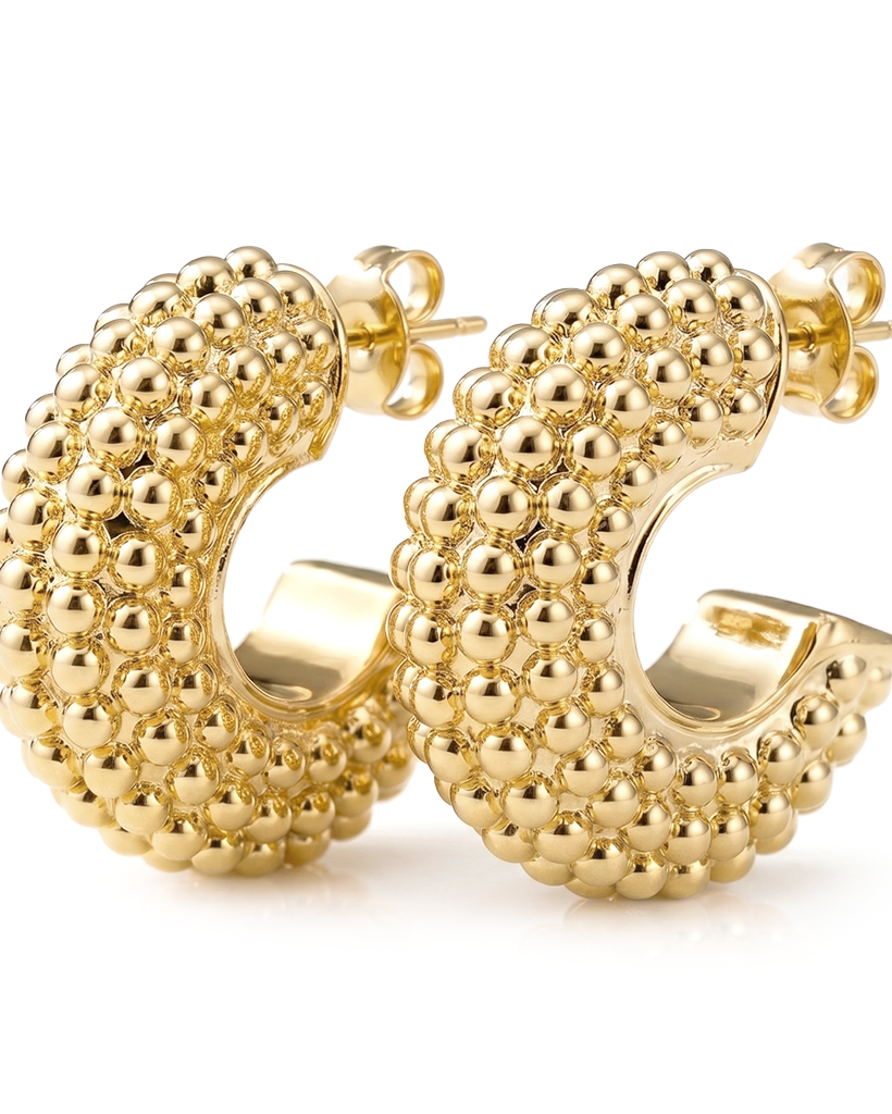 Thick beaded hoop earrings available in gold plated and rhodium plated finishes