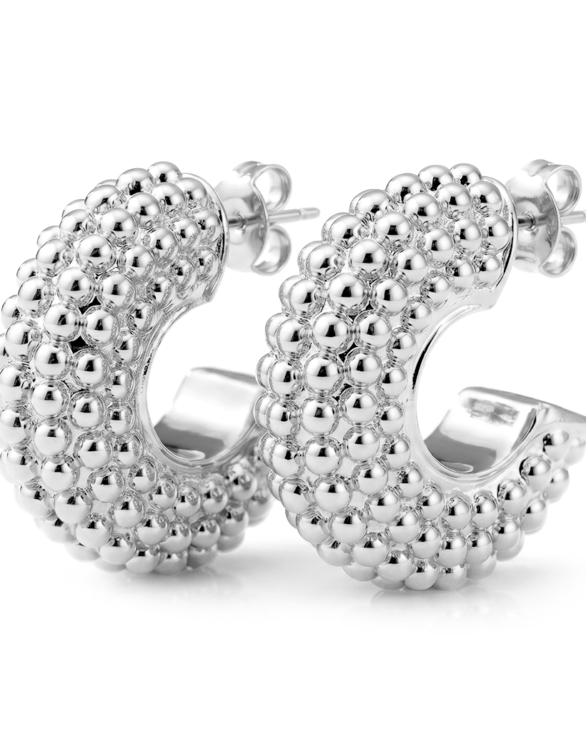 Thick beaded hoop earrings available in gold plated and rhodium plated finishes