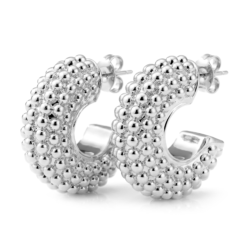 Thick beaded hoop earrings available in gold plated and rhodium plated finishes