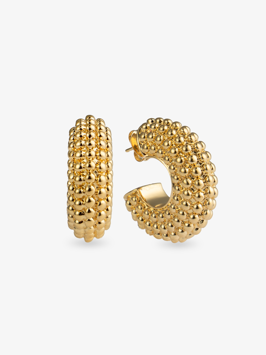 Chunky beaded gold hoop earrings front and side view