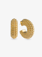 Chunky beaded gold hoop earrings front and side view