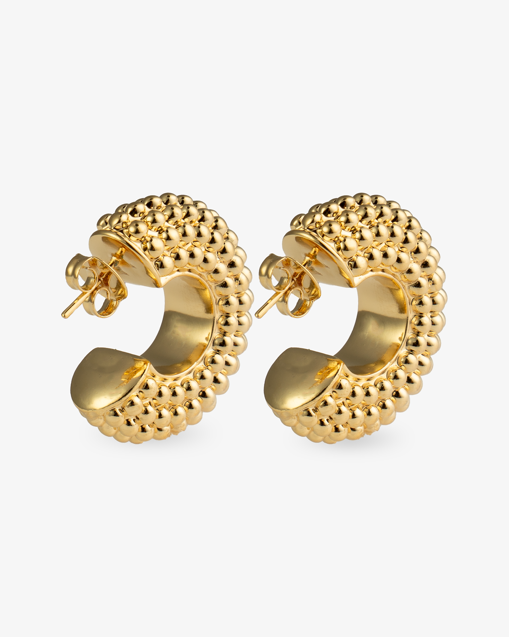Chunky textured gold hoop earrings angled back view with post closure