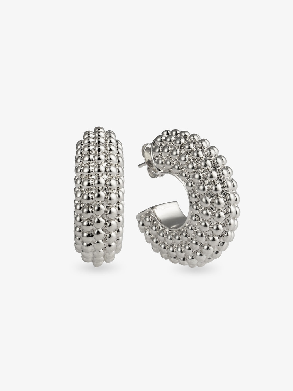 Chunky beaded silver hoop earrings front and side view