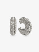 Chunky beaded silver hoop earrings front and side view