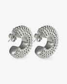Chunky textured silver hoop earrings angled back view with post closure