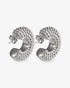 Chunky textured silver hoop earrings angled back view with post closure