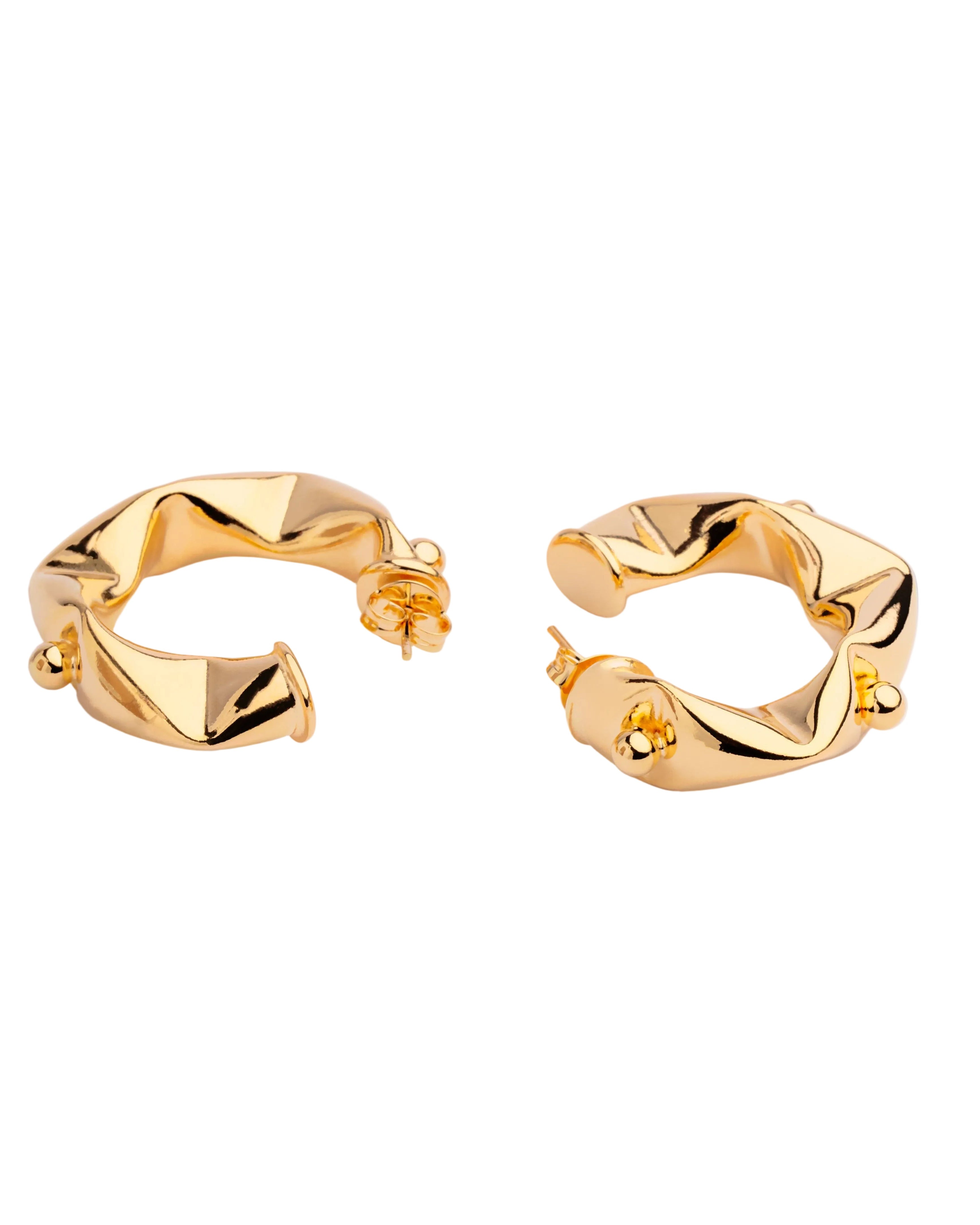Gold plated open hoop earrings with abstract beaded design and irregular spacing