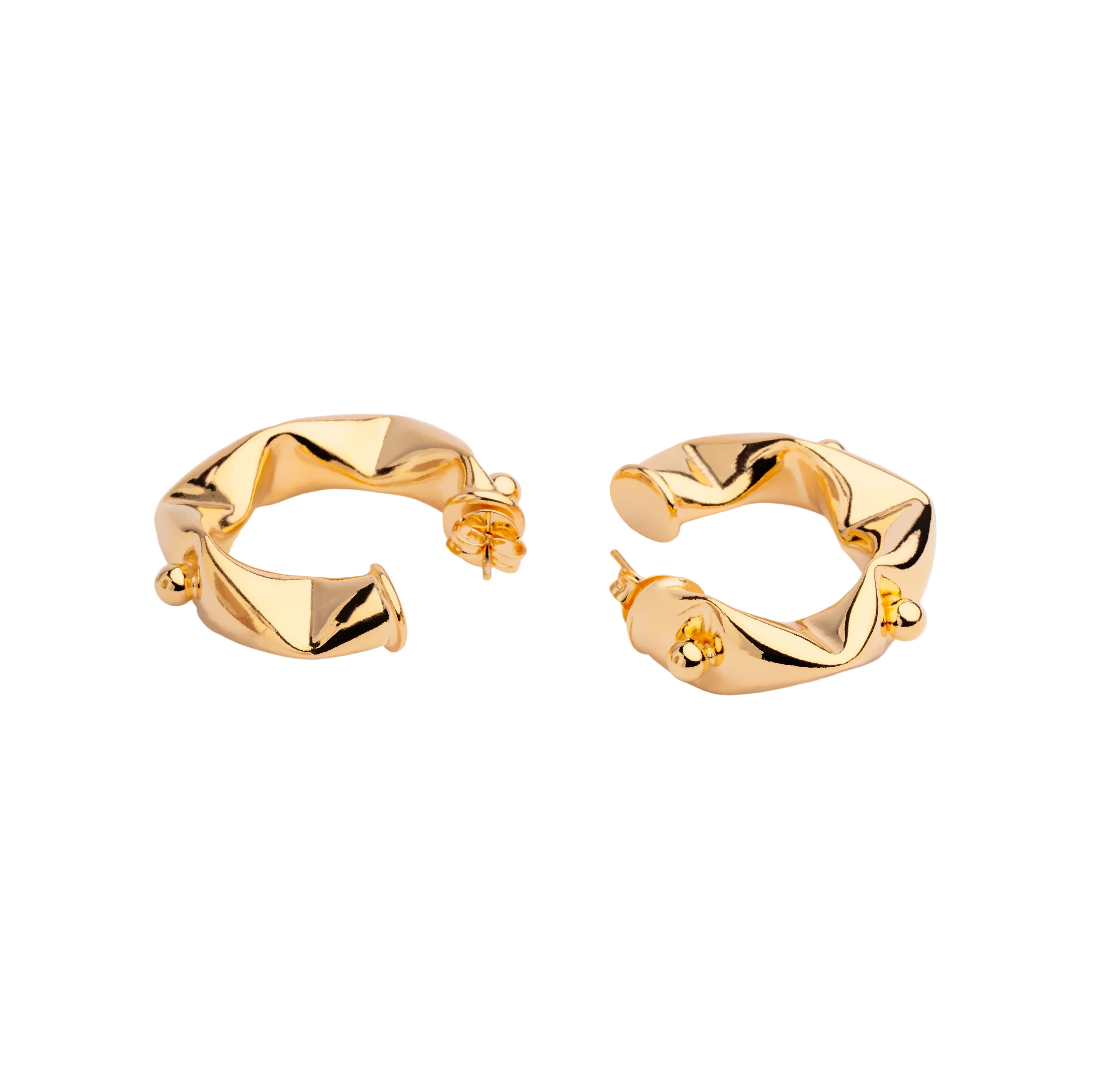 Gold plated open hoop earrings with abstract beaded design and irregular spacing