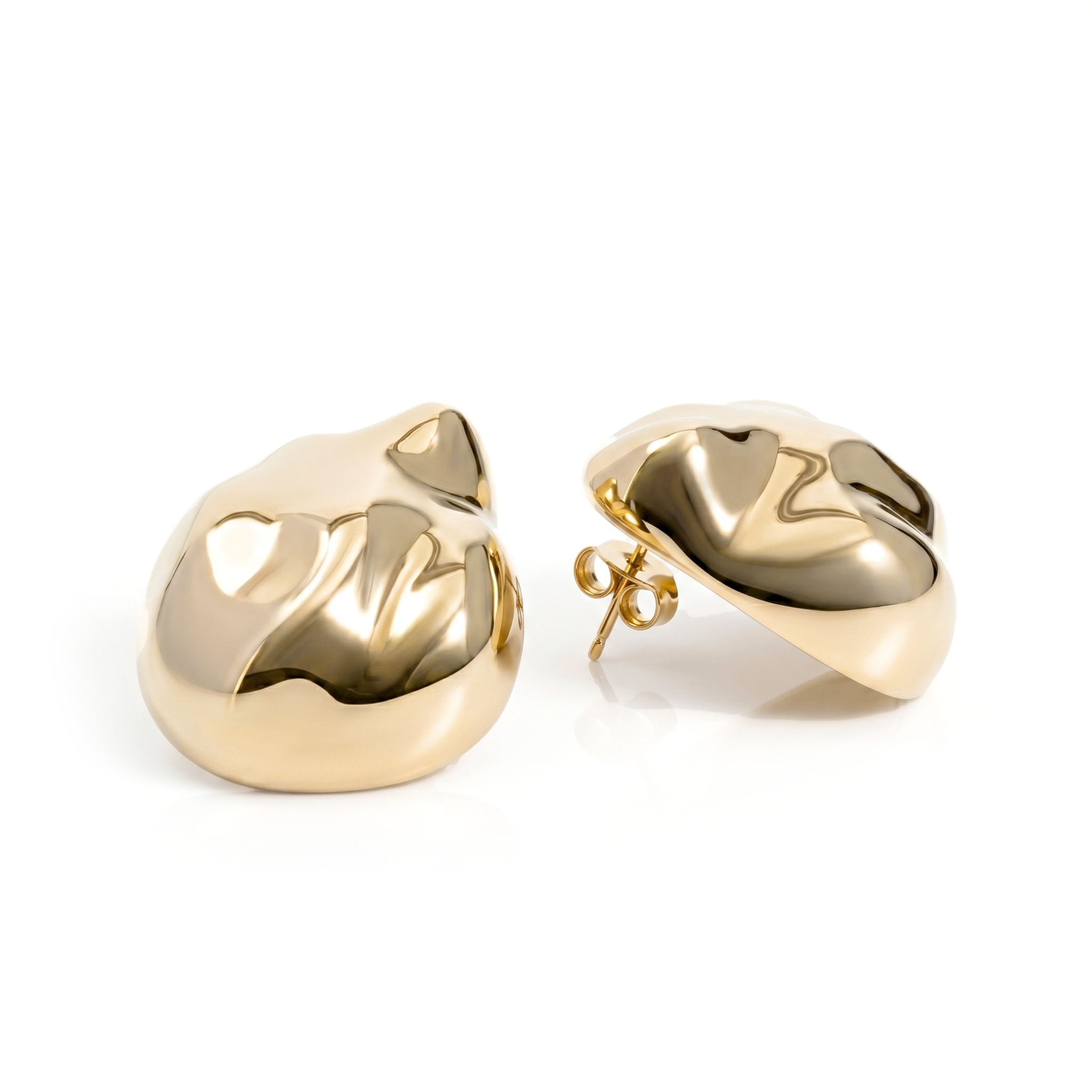 Dome earrings available in gold plated and rhodium plated finishes with dented sculptural texture