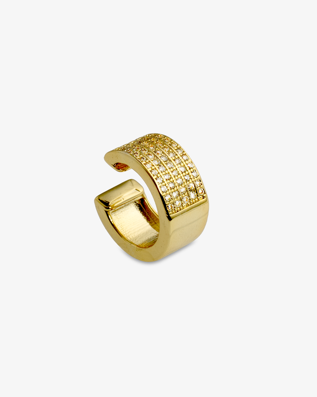 Gold chunky pave ear cuff, alone product shot on a grey background.