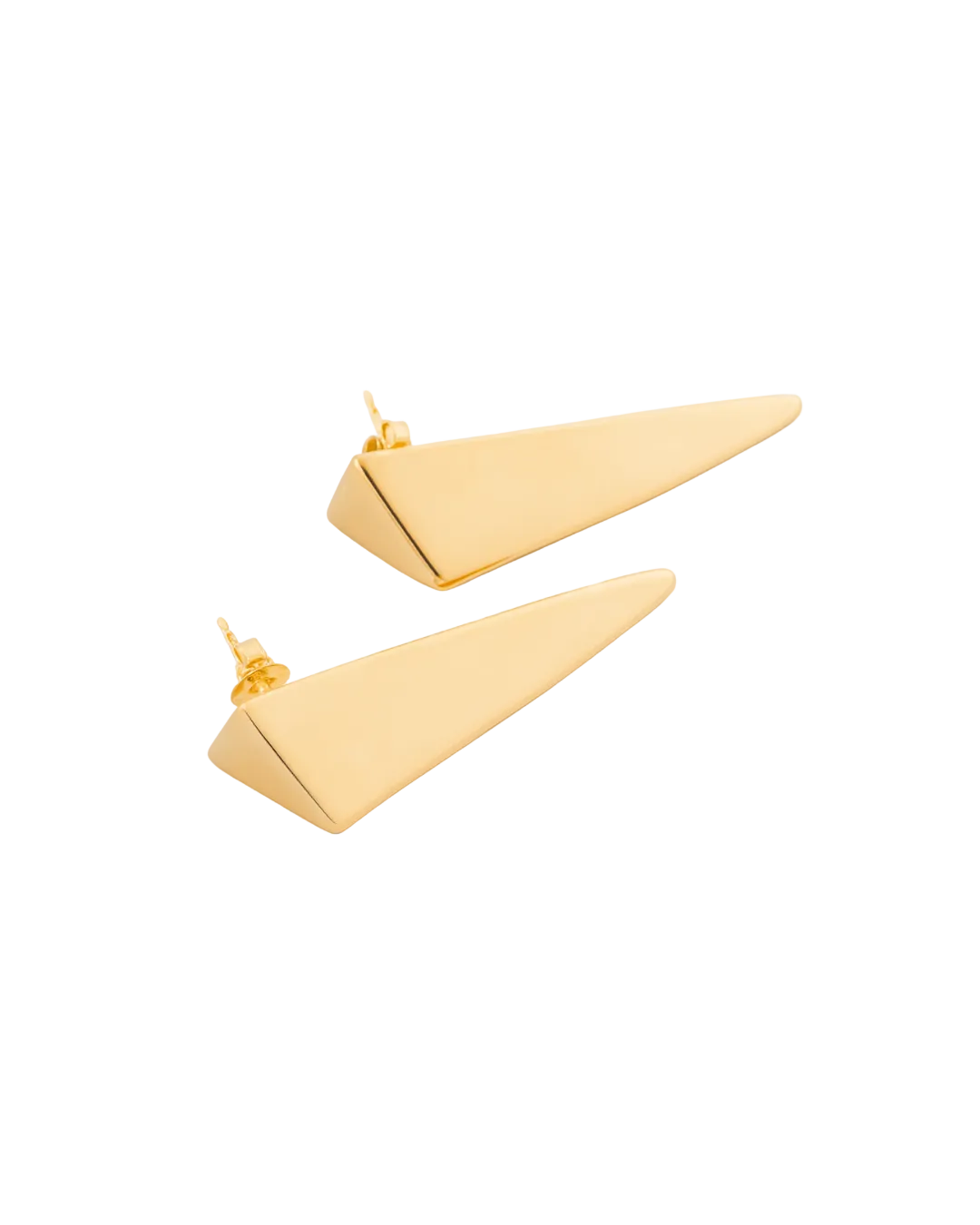Gold plated elongated drop earrings with tapered sculptural design and polished finish, 60mm length