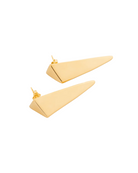 Gold plated elongated drop earrings with tapered sculptural design and polished finish, 60mm length