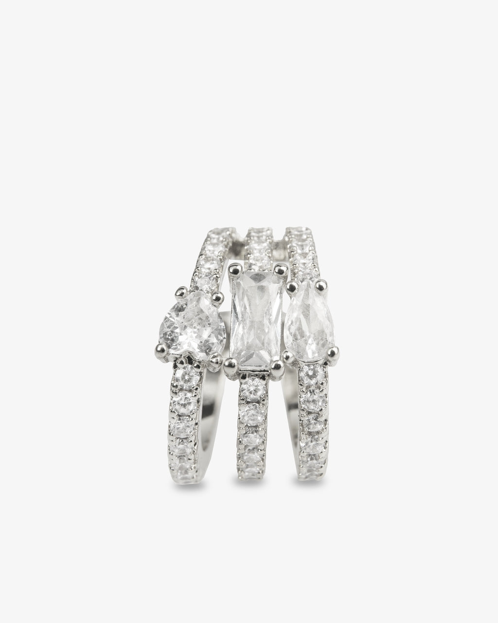 Silver chunky geometric ear cuff with vertical baguette-cut simulated diamond stones, alone close-up product shot.
