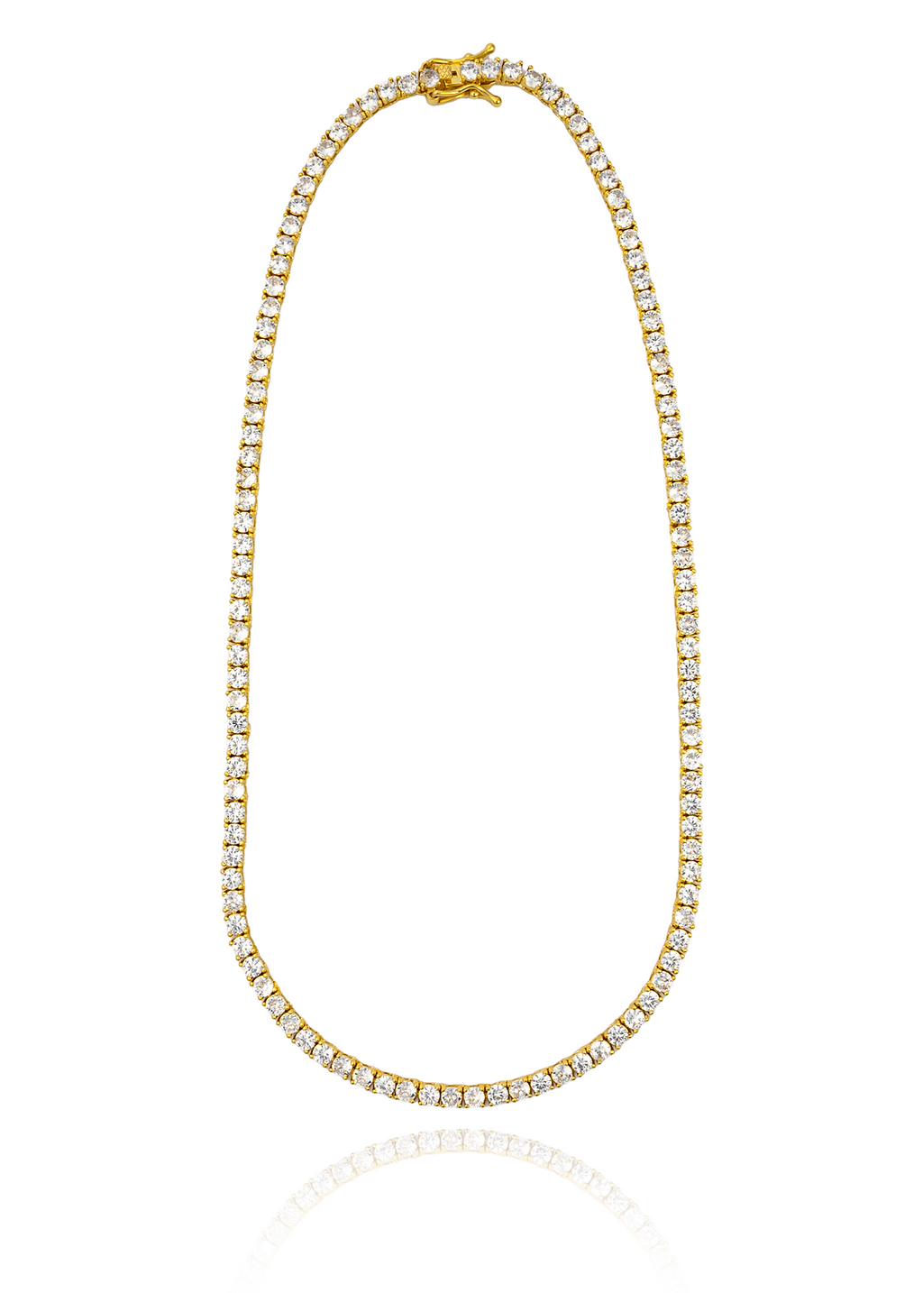 Gold plated tennis necklace with round cubic zirconia stones in continuous design, 3mm thickness, available in 15, 16 and 18 inch lengths