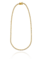 Gold plated tennis necklace with round cubic zirconia stones in continuous design, 3mm thickness, available in 15, 16 and 18 inch lengths