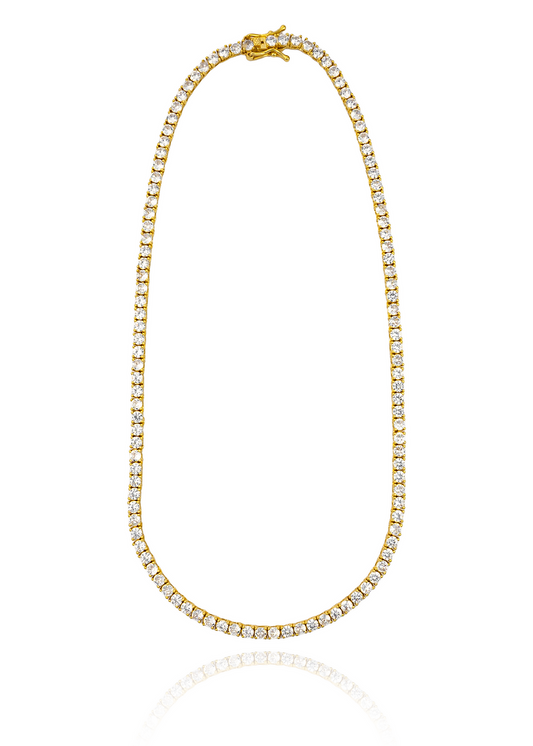 Gold plated tennis necklace with round cubic zirconia stones in continuous design, 3mm thickness, available in 15, 16 and 18 inch lengths