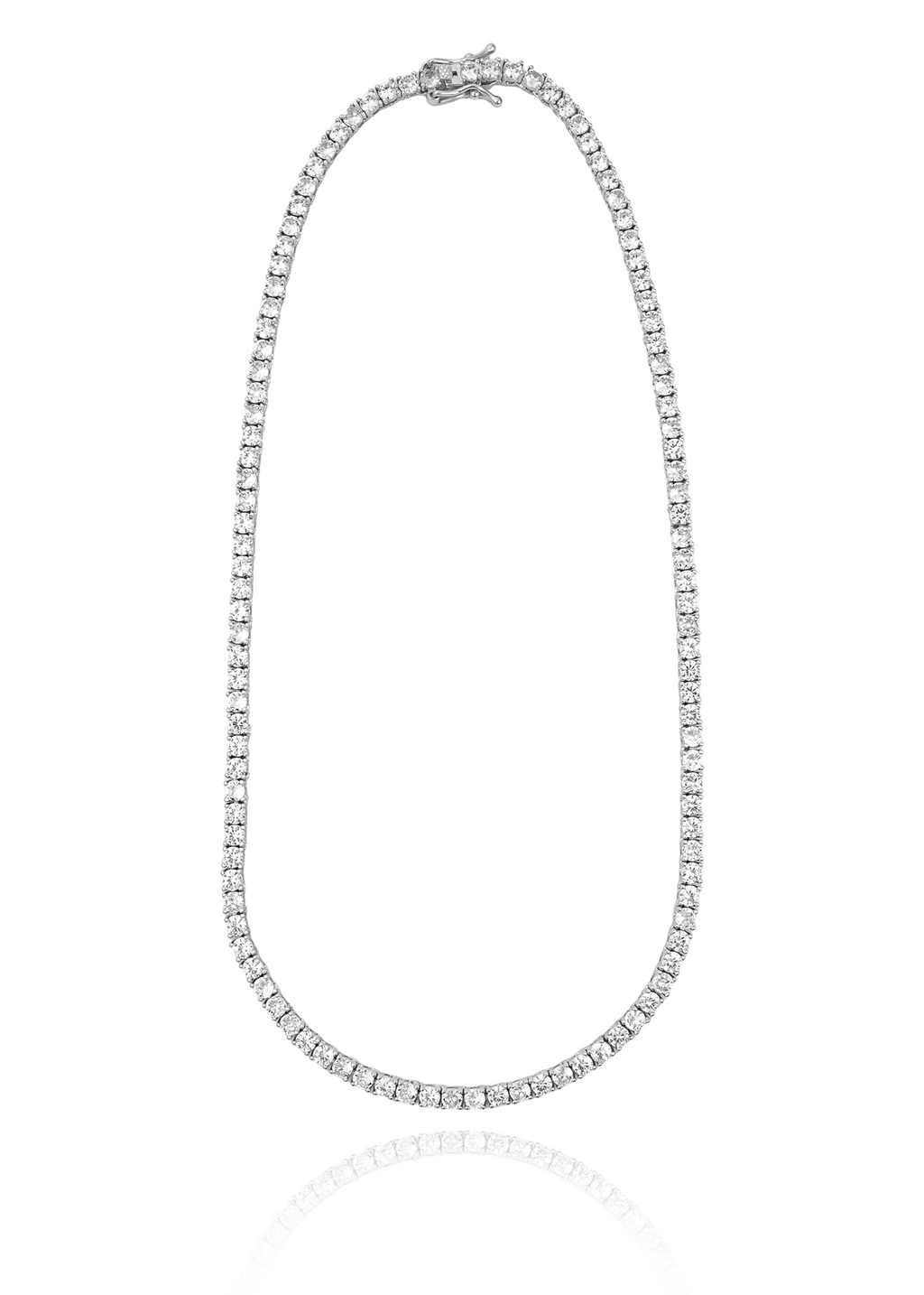 Rhodium plated tennis necklace with round cubic zirconia stones in continuous design, 3mm thickness, available in 15, 16 and 18 inch lengths