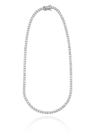 Rhodium plated tennis necklace with round cubic zirconia stones in continuous design, 3mm thickness, available in 15, 16 and 18 inch lengths