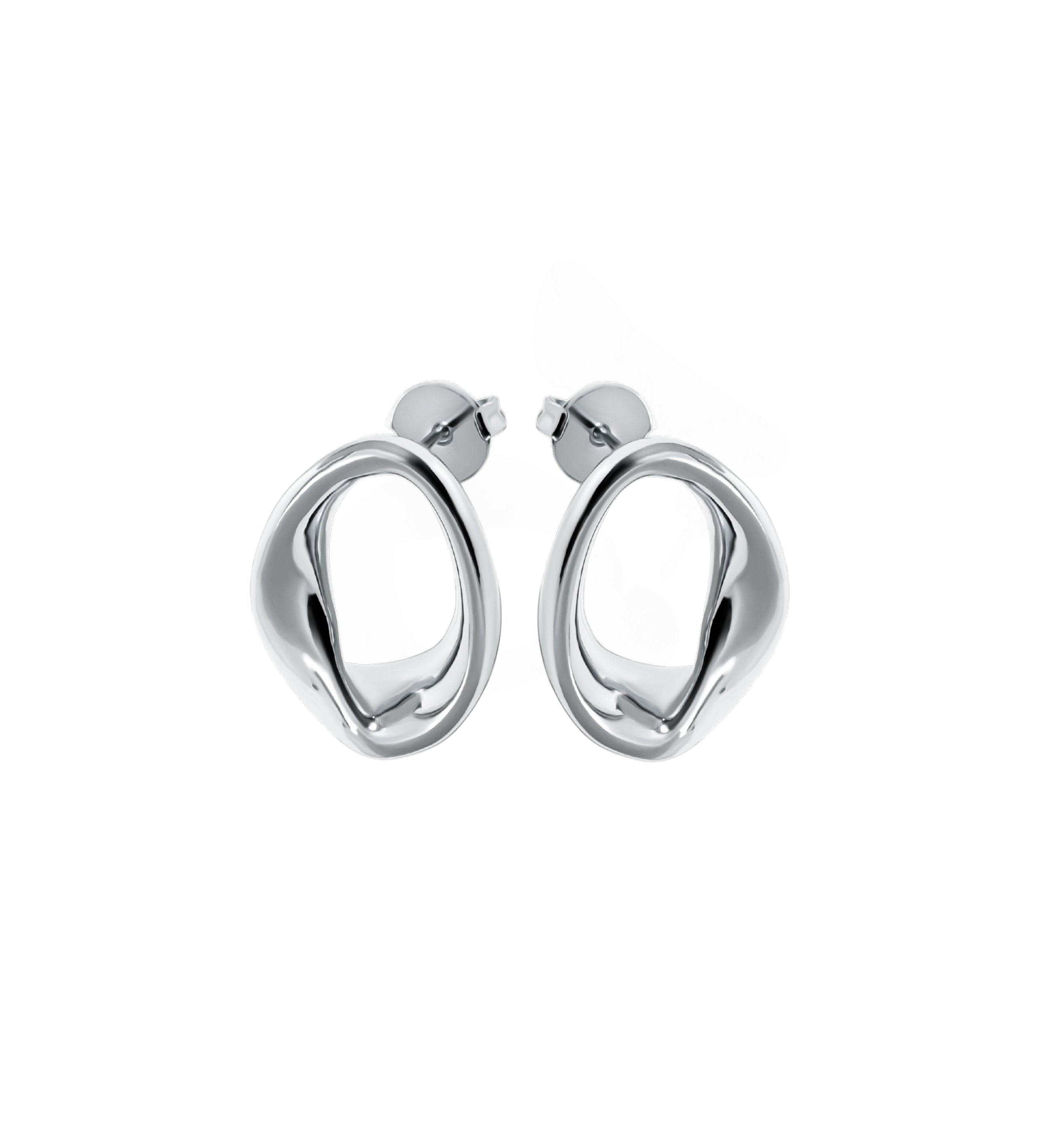 Abstract oval earrings available in gold plated and rhodium plated finishes with sculptural geometric design