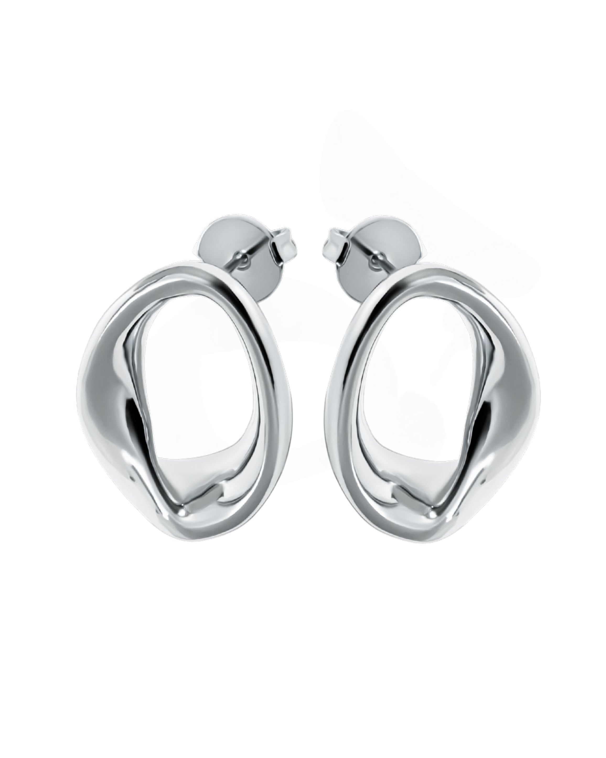 Abstract oval earrings available in gold plated and rhodium plated finishes with sculptural geometric design
