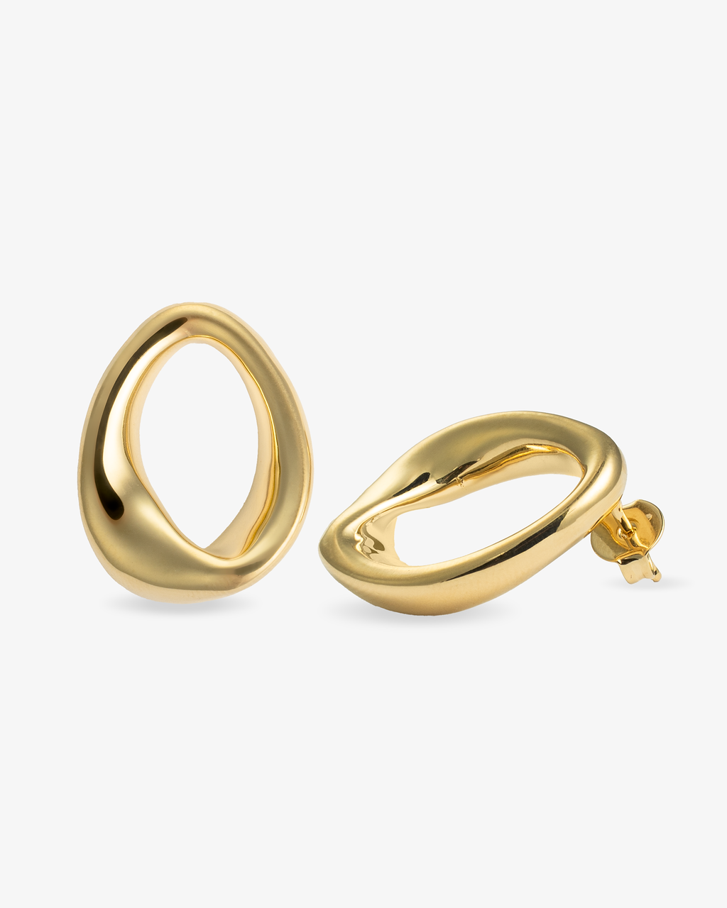 Open oval gold statement earrings angled view with post backs