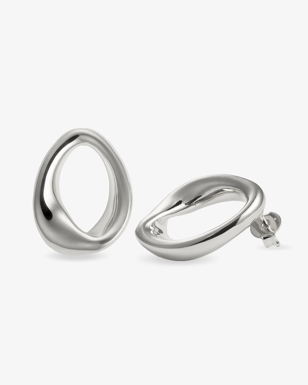 Open oval silver statement earrings angled view with post backs