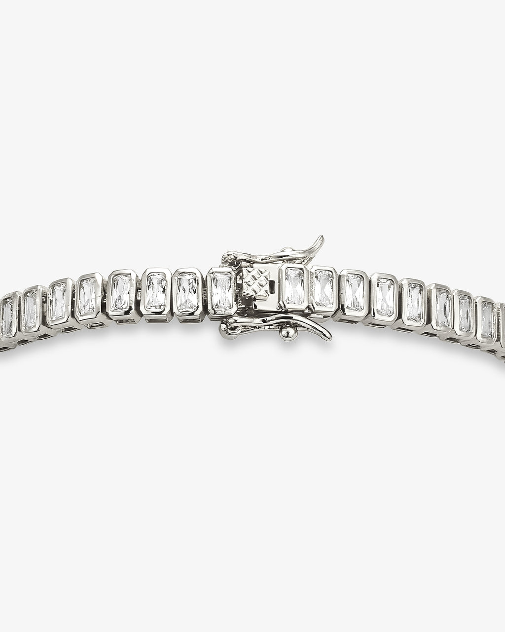 emerald-cut tennis bracelet featuring rectangular clear stones in polished silver settings