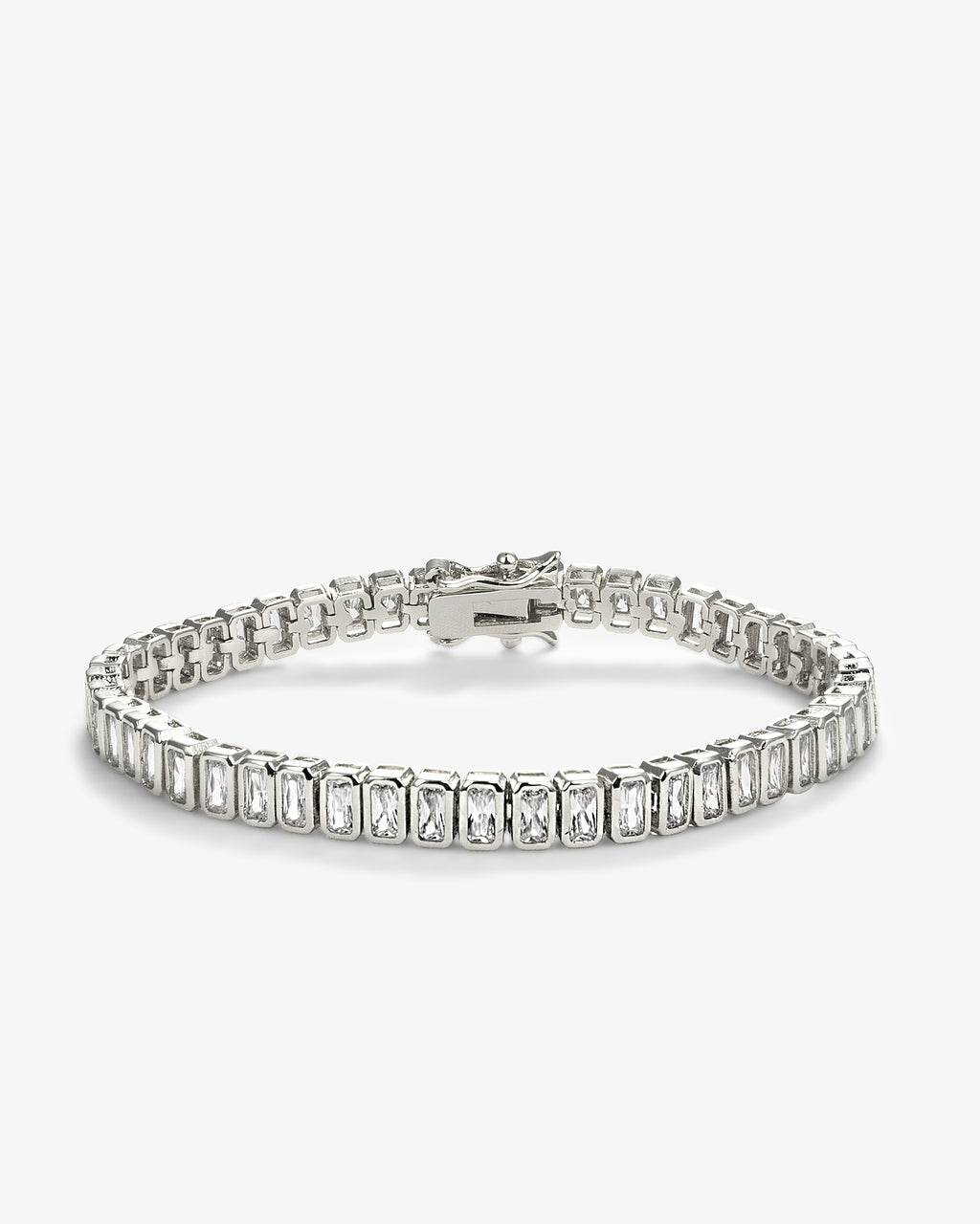 emerald-cut tennis bracelet featuring rectangular clear stones in polished silver settings