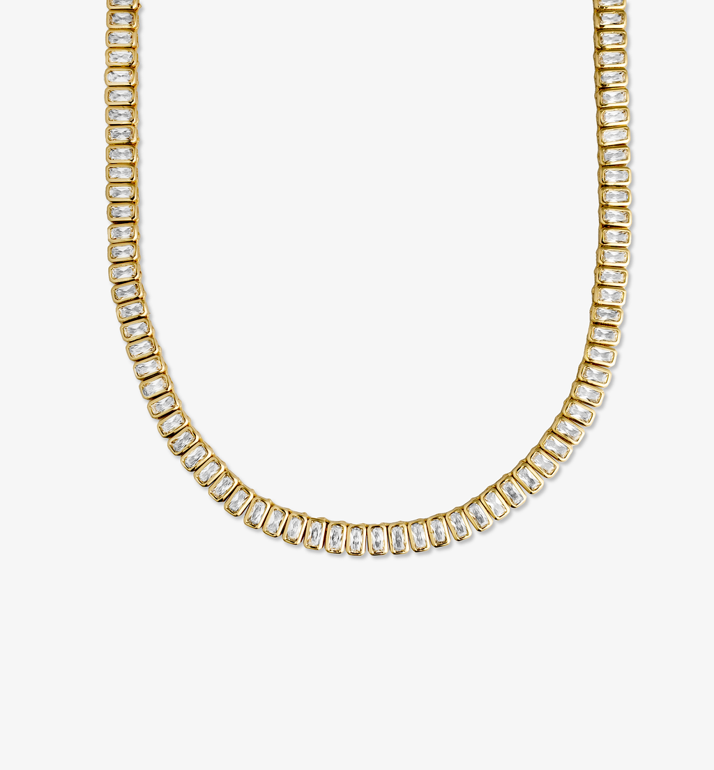 Gold emerald-cut tennis choker necklace with rectangular clear stones