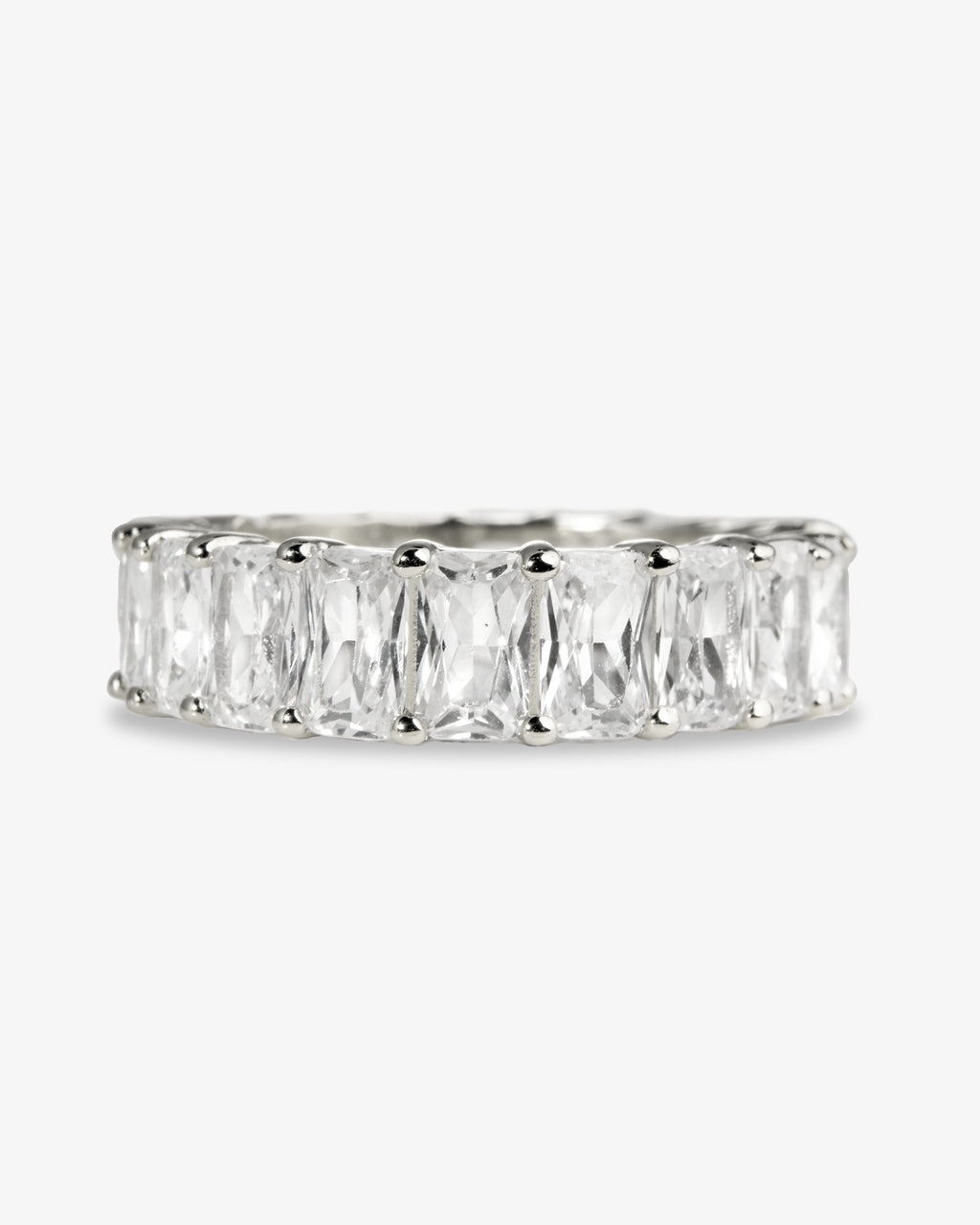 Silver baguette simulated diamond eternity ring, alone product shot from another angle.