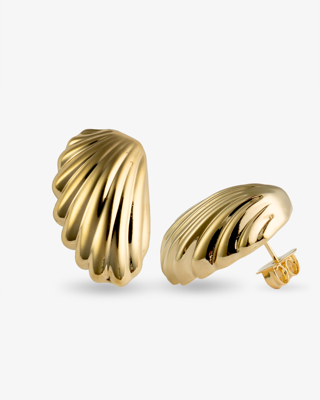 Ridged shell gold statement earrings side view with post back