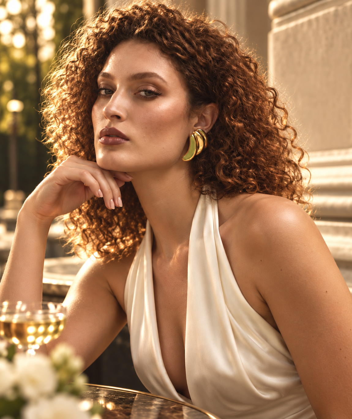 a model wearing a Triple wave gold statement earrings 