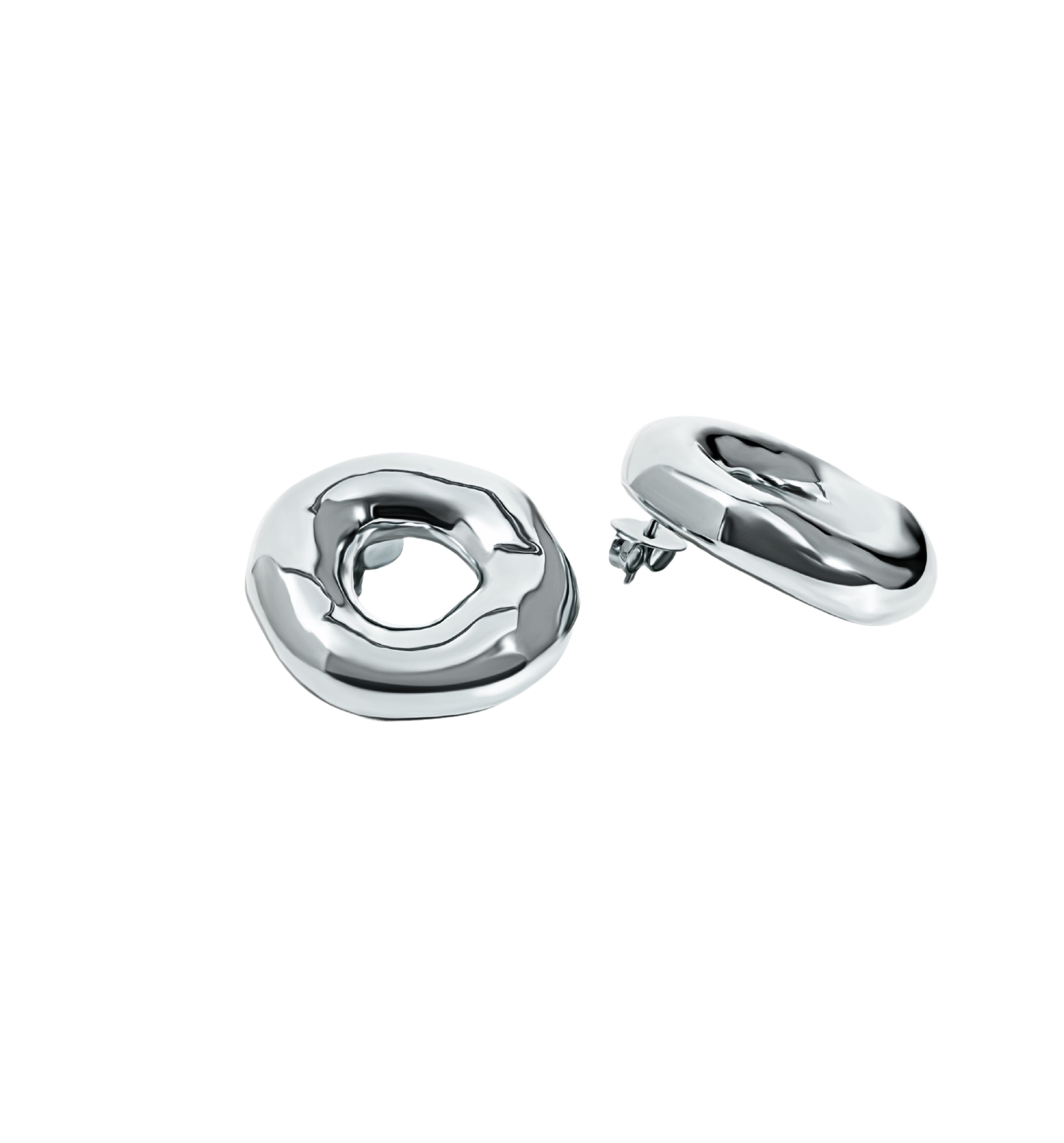Melted circle earrings available in gold plated and rhodium plated finishes with sculptural curved design