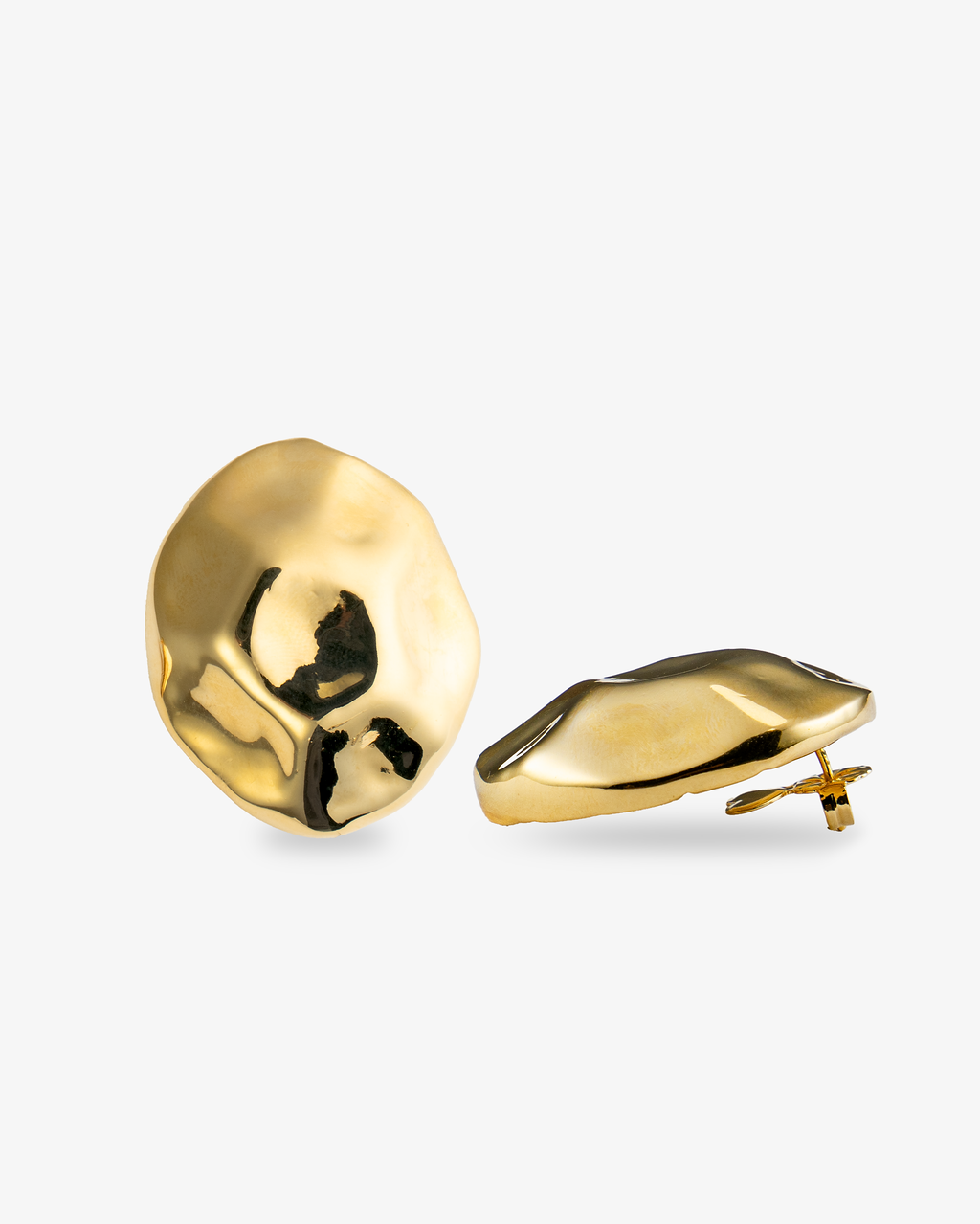 Organic sculptural gold stud earrings front and side view with post back