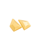Gold plated faceted pyramid earrings with beveled edges and asymmetric geometric design, 48mm by 34mm