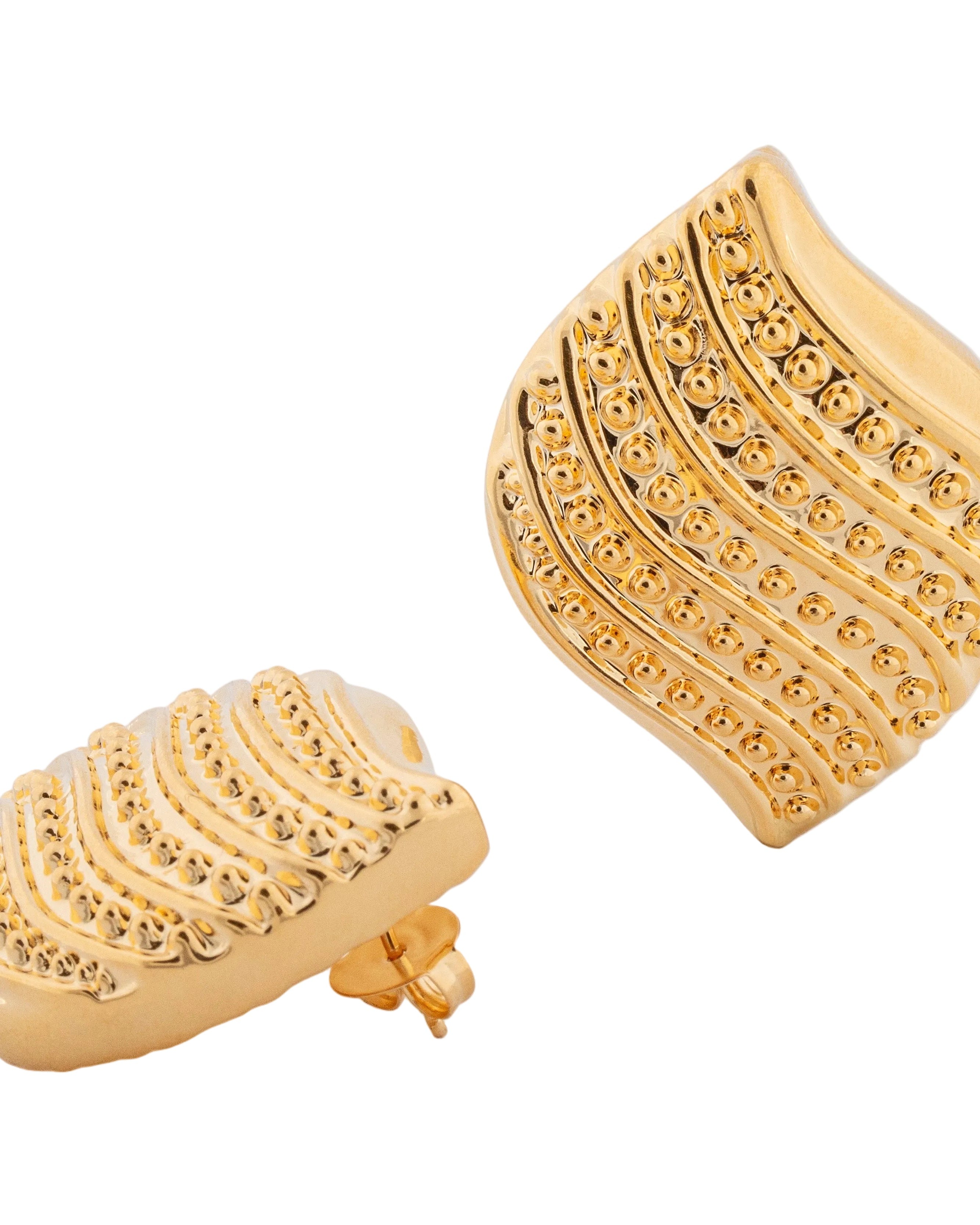 Gold plated wavy bead textured earrings with sculptural rounded design and polished finish, 42mm by 31mm