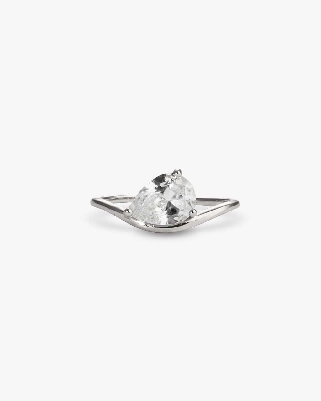 Silver pear-shaped simulated diamond pinky ring, alone product shot on a plain background.