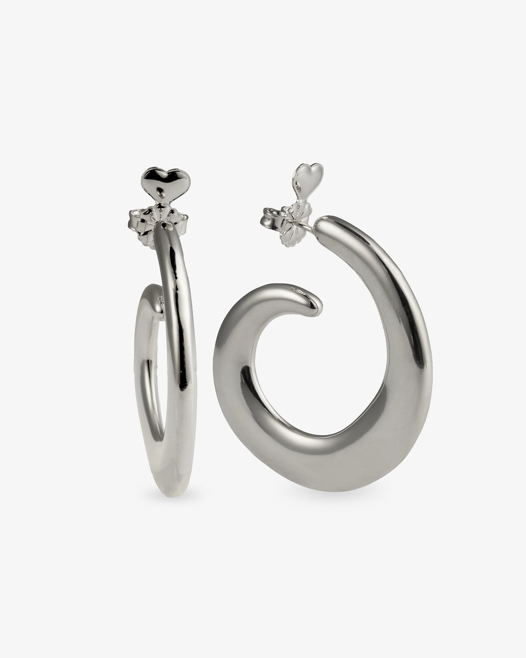 Chunky spiral silver hoop earrings with open curved shape and polished finish