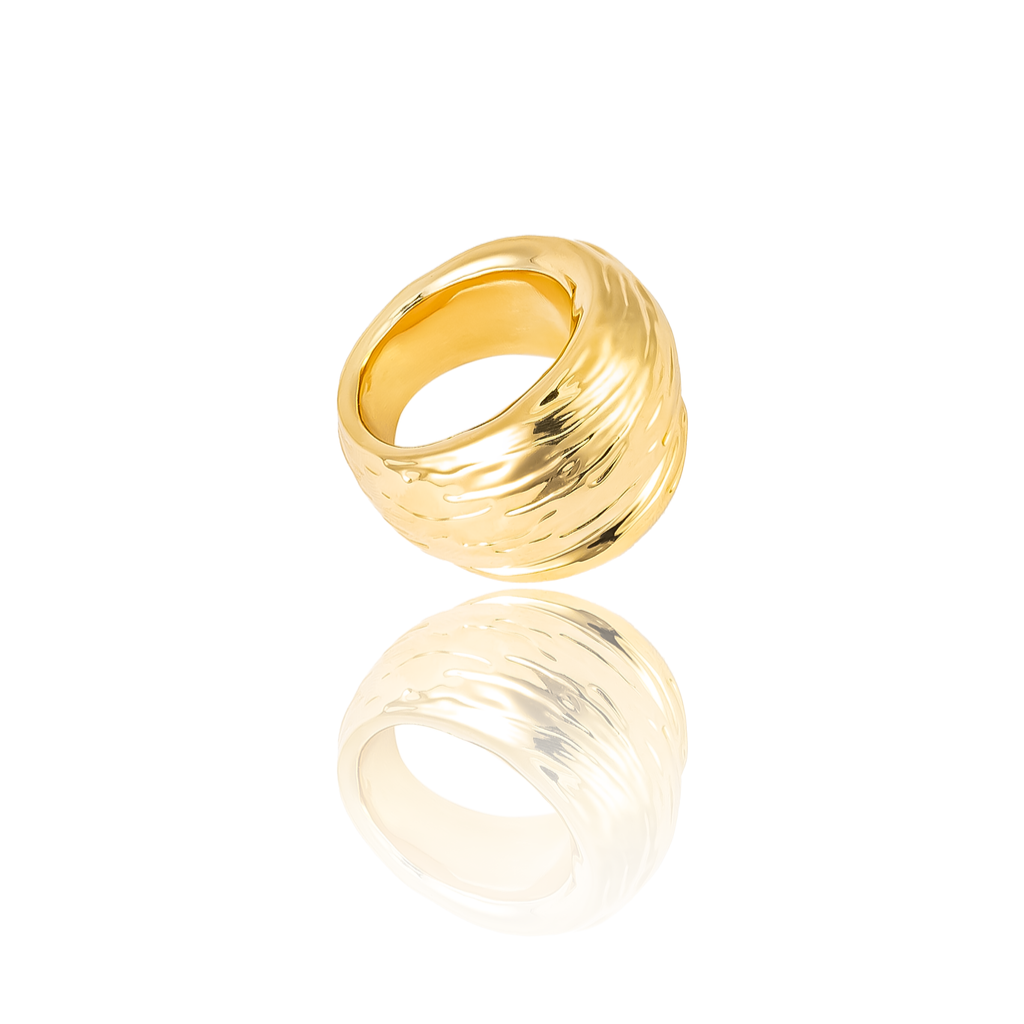 Gold plated dome ring with hammered texture and sculptural curved design